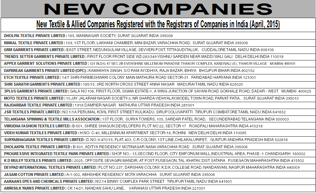 New Companies Registered in April 2015 (Page 1)