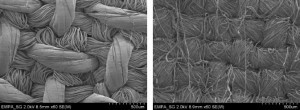 A scanning electron microscope (SEM) image of the novel bed linen (left). For comparison, the image on the right is a conventional bed sheet as used today in hospitals.