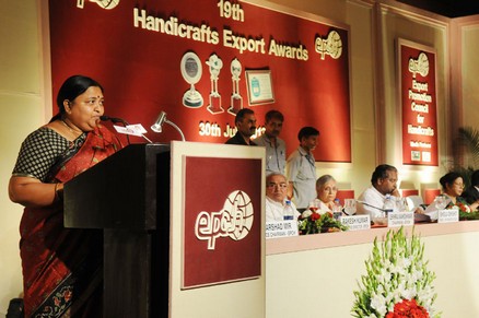The Minister of State for Petroleum & Natural Gas and Textiles, Smt. Panabaka Lakshmi addressing at the 19th Handicrafts Export Awards presentation function, organised by the Export Promotion Council for Handicrafts (EPCH), in New Delhi on July 30, 2013. The Union Minister for Textiles, Dr. Kavuru Sambasiva Rao, the Chief Minister of Delhi, Smt. Sheila Dikshit and the Secretary, MoT Smt. Zohra Chatterji are also seen.