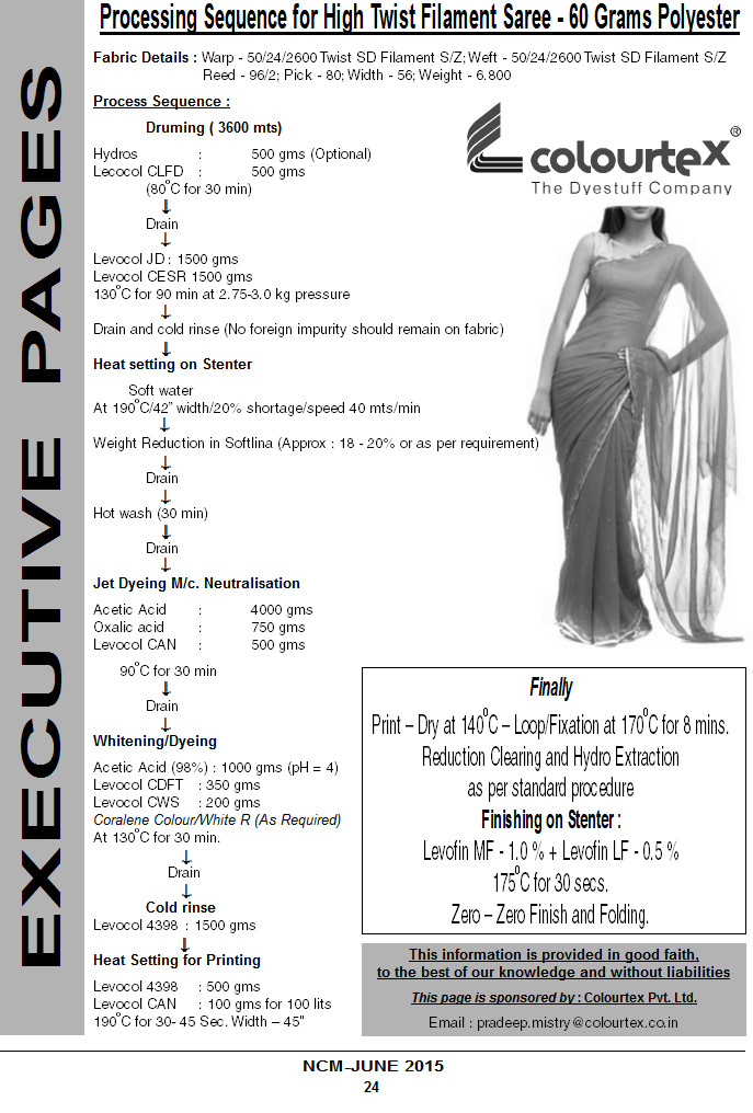 Colourtex Recipe for Processing Sequence for High Twist Filament Saree – 60 Grams Polyester