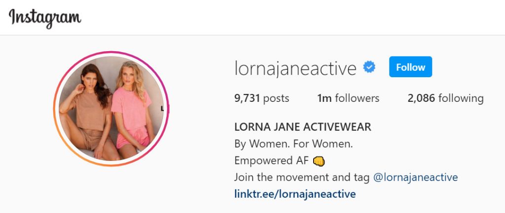 Lorna Jane Activewear Instagram 1 Million FollowersR INSTAGRAM 1 MILLION FOLLOWERS