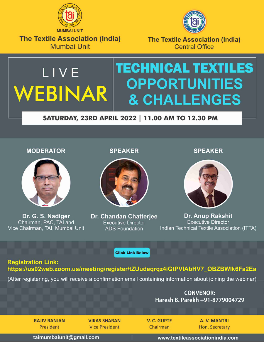 TAI Webinar on “Technical Textiles – Opportunities & Challenges” on April 23